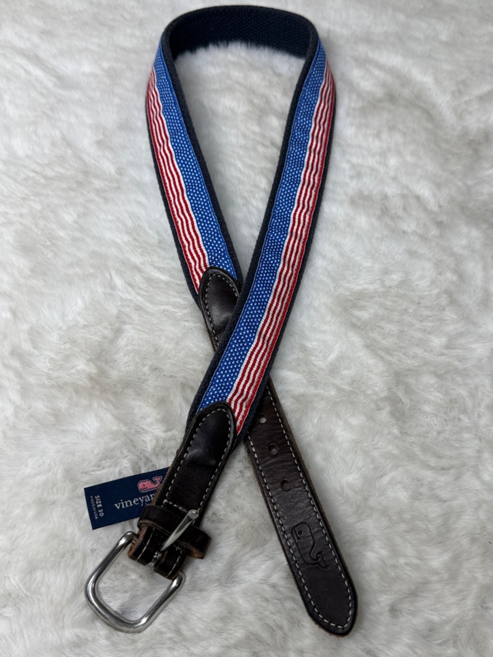 Vineyard Vines Brown Leather American Flag Web Belt Kids 30 Made USA Brass Buckl